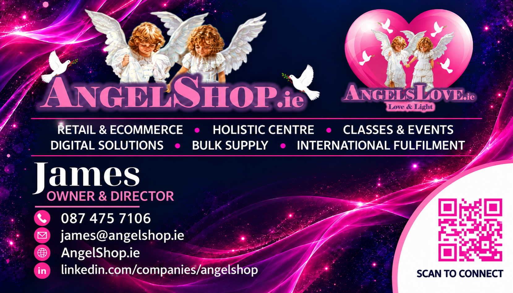 Front of James's AngelShop.ie business card with contact details and QR code